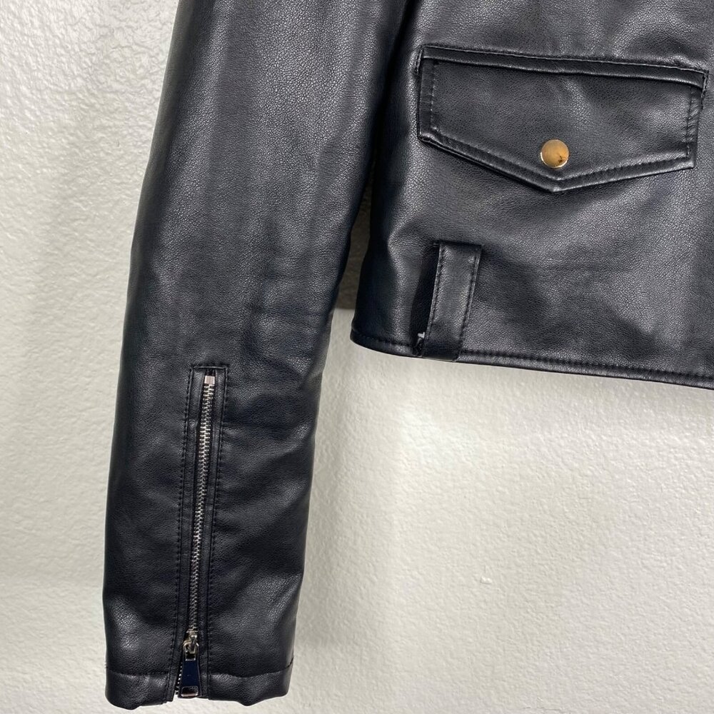 Azalea Wang Black Faux Patent Leather Collared Biker Short Grunge Jacket Size L - Picture 6 of 10
